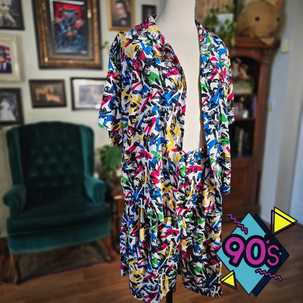 Alyssa Carr Two Piece Set Vintage 90s Abstract Print Shorts Shirt Multi Color